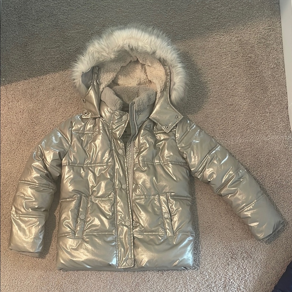 Kids Silver Puffer Jacket with Faux Fur Hood